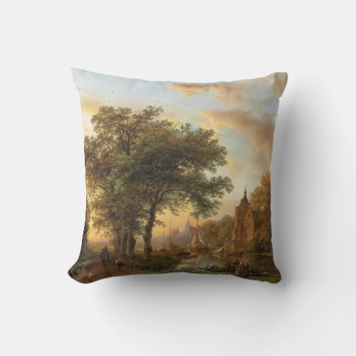 A River Landscape in Holland at Sunset 1852 Throw Pillow