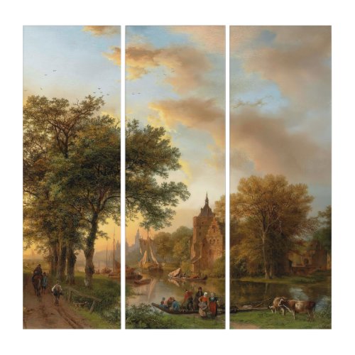 A River Landscape in Holland at Sunset 1852 Triptych