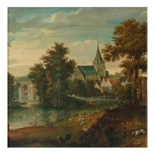 A river landscape with two patriarchs near a town  acrylic print