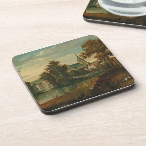 A river landscape with two patriarchs near a town  beverage coaster