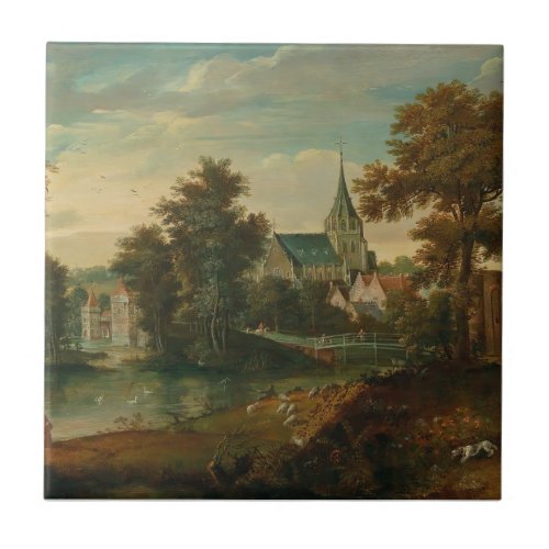 A river landscape with two patriarchs near a town  ceramic tile