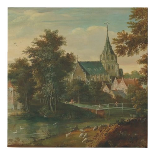 A river landscape with two patriarchs near a town  faux canvas print