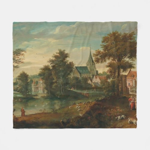 A river landscape with two patriarchs near a town  fleece blanket