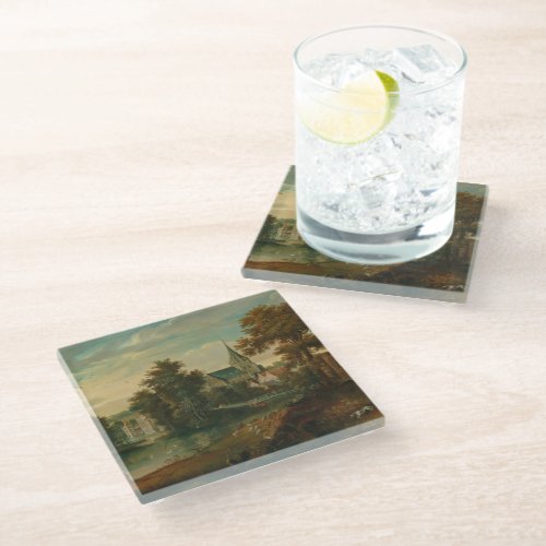 A river landscape with two patriarchs near a town  glass coaster