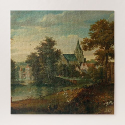 A river landscape with two patriarchs near a town  jigsaw puzzle