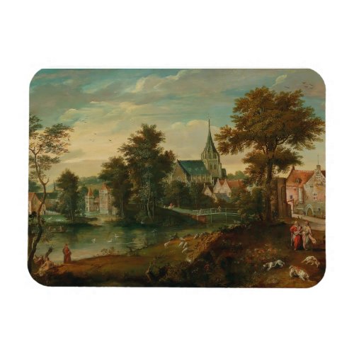 A river landscape with two patriarchs near a town  magnet