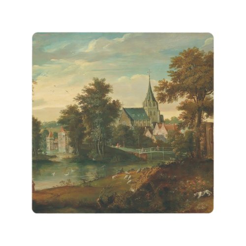 A river landscape with two patriarchs near a town  metal print