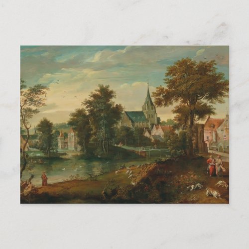 A river landscape with two patriarchs near a town  postcard