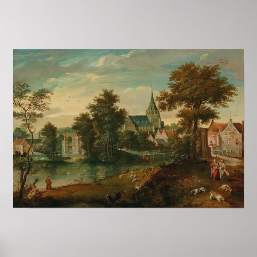 A river landscape with two patriarchs near a town  poster