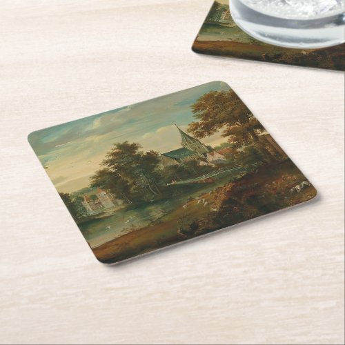 A river landscape with two patriarchs near a town  square paper coaster