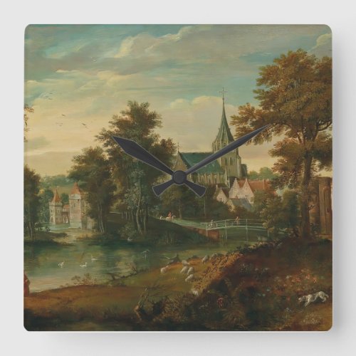 A river landscape with two patriarchs near a town  square wall clock