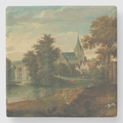 A river landscape with two patriarchs near a town  stone coaster