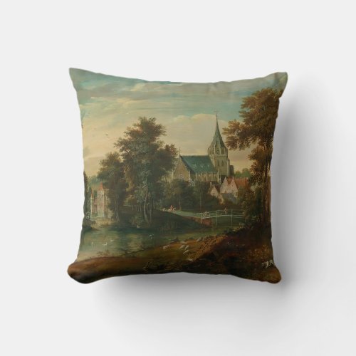 A river landscape with two patriarchs near a town  throw pillow