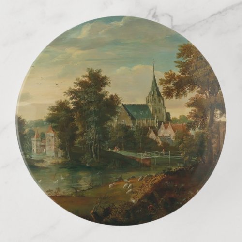 A river landscape with two patriarchs near a town  trinket tray