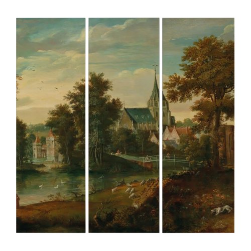 A river landscape with two patriarchs near a town  triptych