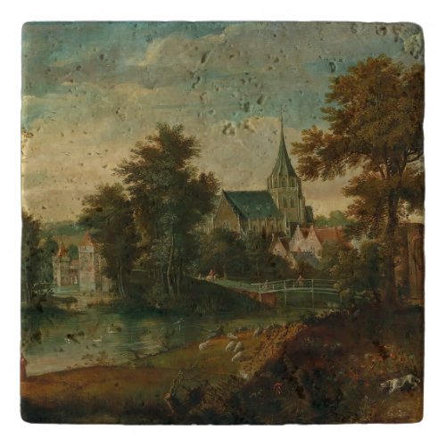 A river landscape with two patriarchs near a town  trivet