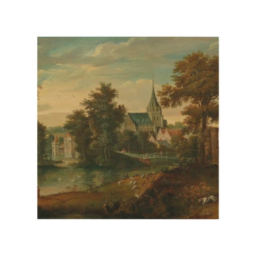 A river landscape with two patriarchs near a town  wood wall art