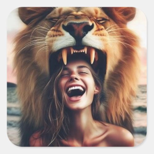 A roaring lion a girl laughing  square sticker