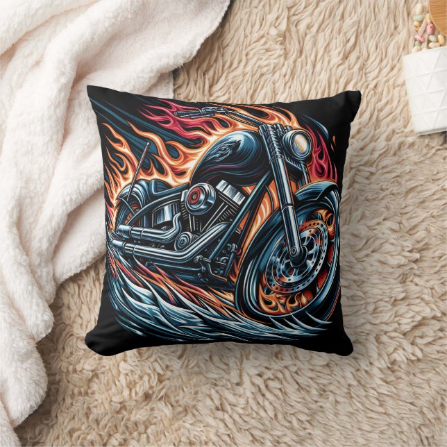 A roaring motorcycle surrounded by fiery flames throw pillow (Blanket)