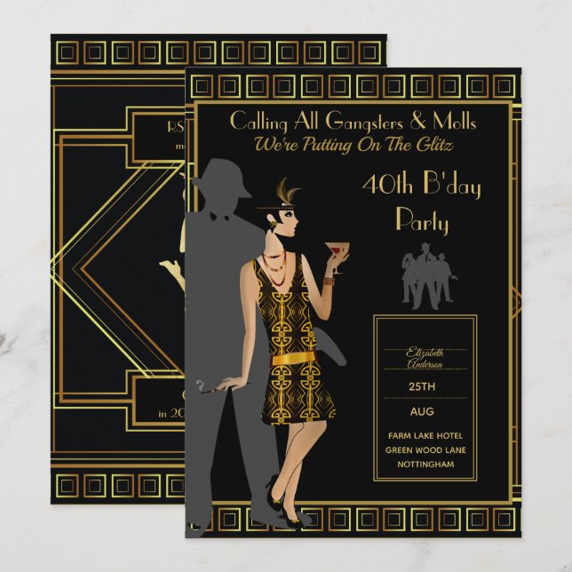 A Roaring Twenties Party, Gangster Flapper Deco Invitation (Front/Back)
