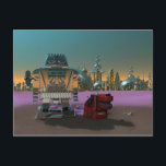 A Robot and His Dog Postcard<br><div class="desc">A toy robot and his mechanical dog take a stroll outside of the glass and silver city on an alien world</div>