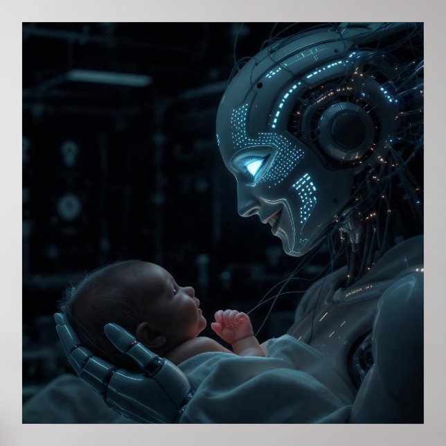 A robotic woman hanging a baby poster (Front)