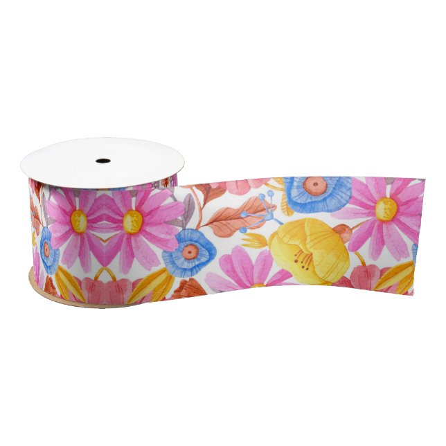 A roll of ribbon with a vibrant floral pattern  (Spool)