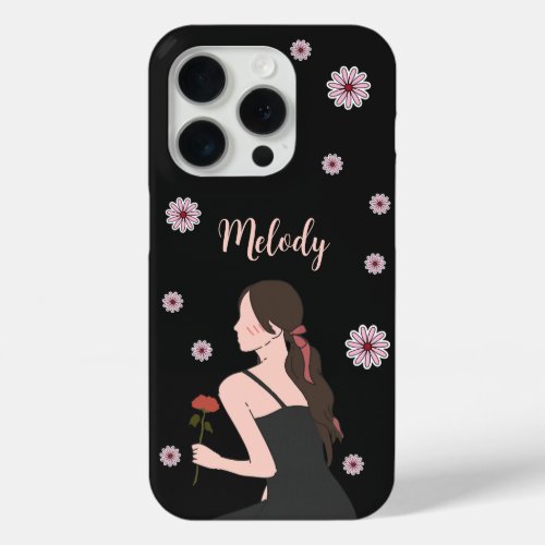 A Rose Girl with pink flower iPhone 15 Pro Case