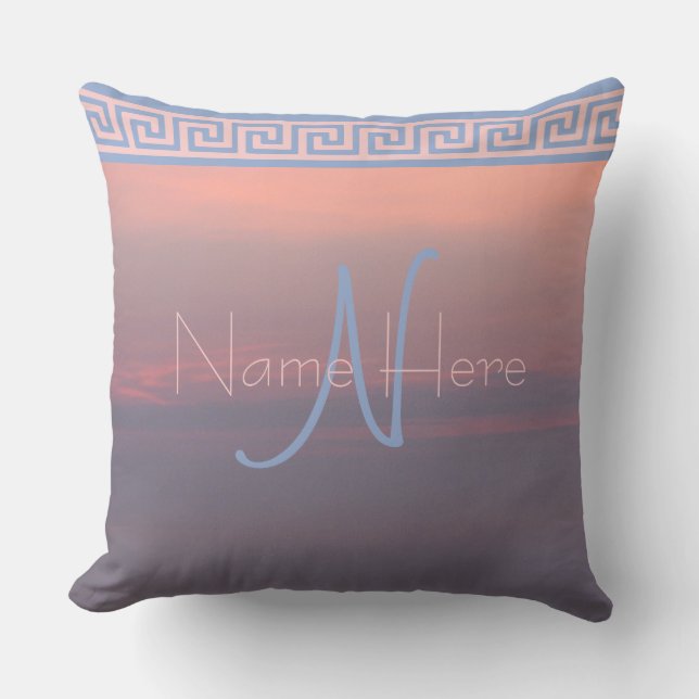 A Rose Quartz And Serenity Sunrise Sky Monogram Throw Pillow (Front)