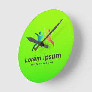 A round, bright green clock face with stylized
