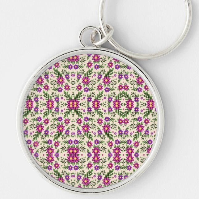 A round keychain features a detailed floral  (Front)