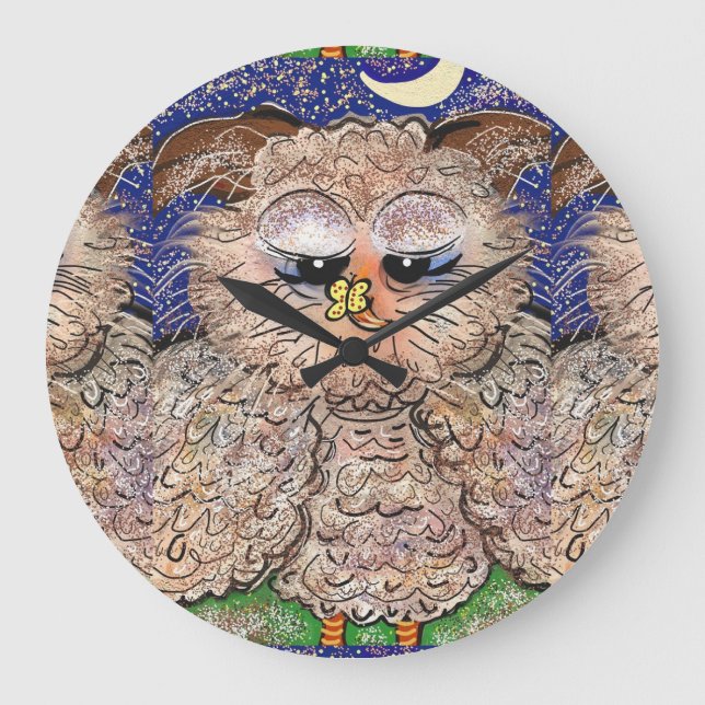 A Round Wall Clock, Adorable Funny Whimsical Owl! Large Clock (Front)