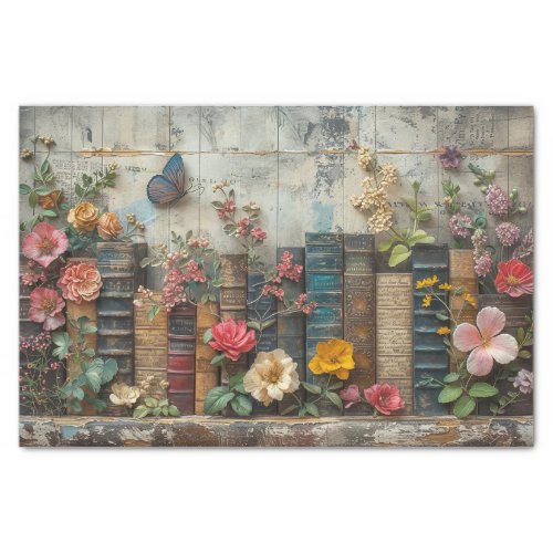 A Row of Books with Flowers Tissue Paper