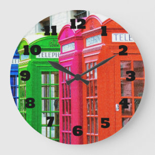 A Row of Brightly Colored Telephone Boxes Large Clock