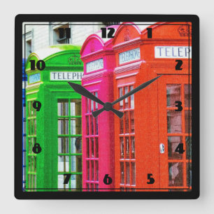 A Row of Brightly Colored Telephone Boxes Square Wall Clock