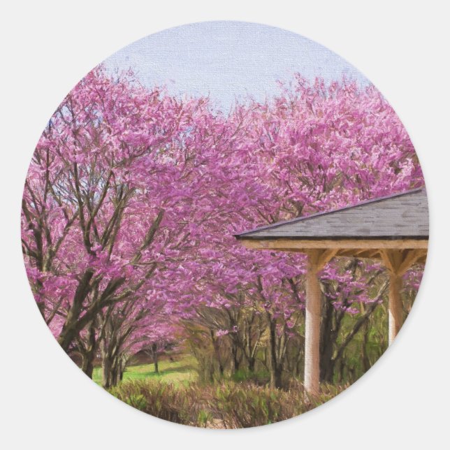 a row of cherry blossom trees and hut classic round sticker (Front)