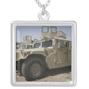 A row of humvees from Task Force Military Polic Silver Plated Necklace
