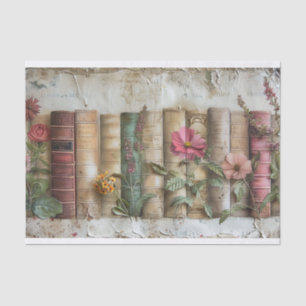 A Row of Old Book Spines with Embellished Flowers Tissue Paper