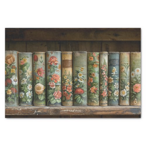 A Row of Old Books with Embellished Flowers Tissue Paper