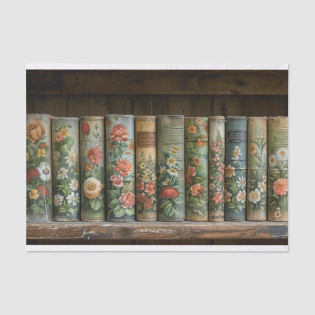 A Row of Old Books with Embellished Flowers Tissue Paper (Front)