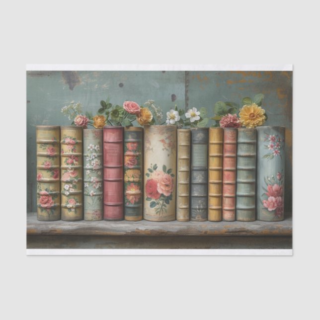 A Row of Old Books with Embellished Flowers Tissue Paper (Front)