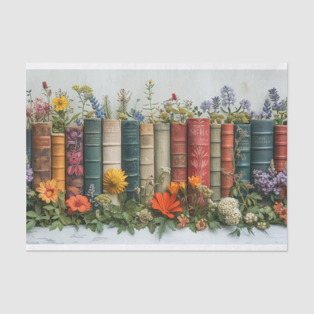 A Row of Old Books with Embellished Flowers Tissue Paper (Front)