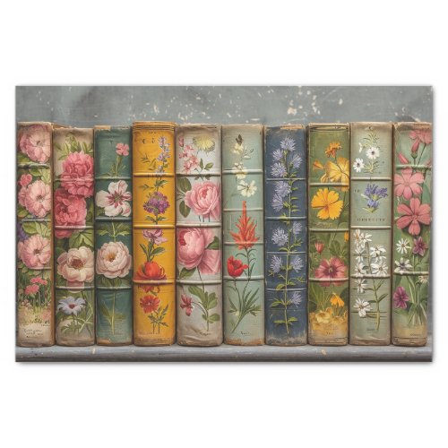 A Row of Old Books with Embellished Flowers Tissue Paper