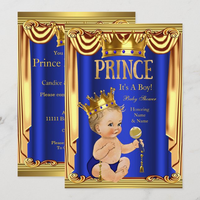 A Royal Blue Prince Baby Shower Gold Boy Blonde Invitation (Front/Back)