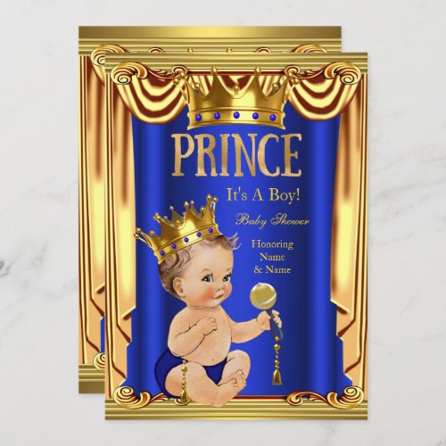 A Royal Blue Prince Baby Shower Gold Boy Brunette Invitation