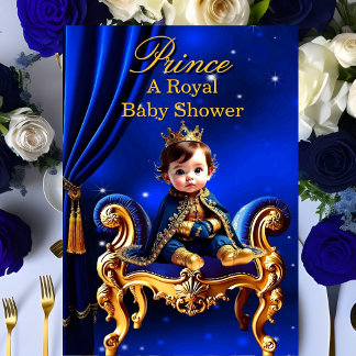 A Royal Prince Baby Shower Blue Gold Chair Invitation