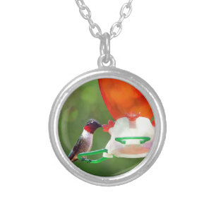 A Ruby Throated Hummingbird Silver Plated Necklace