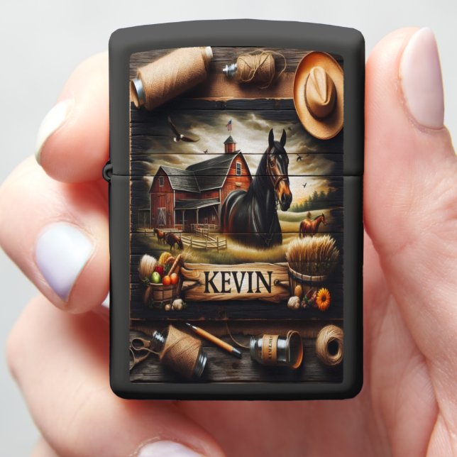A Rustic Farm Scene With A Horse, A Red Barn, And  Zippo Lighter (In Hand)