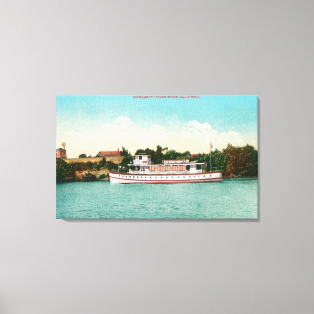 A Sacramento River Scene with a Riverboat Canvas Print (Front)