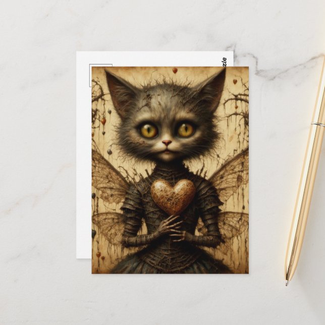 A sad kitty with a barbed heart postcard (Front/Back In Situ)